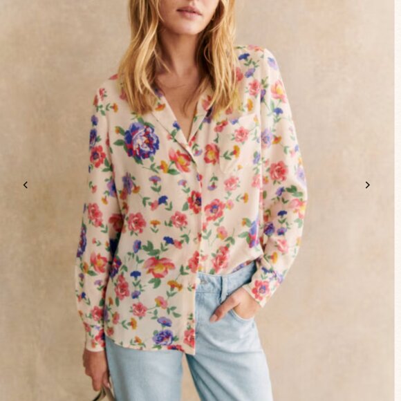 Sezane Florence Shirt Monday Pink Floral Cream Silk FR40/US8 - Picture 2 of 7